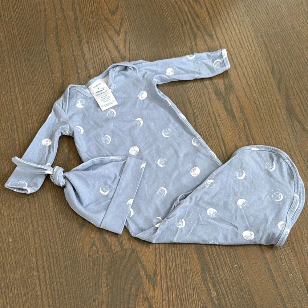 aden + anais Moon Print Knotted Gown & Hat Set Baby 0-3M Blue